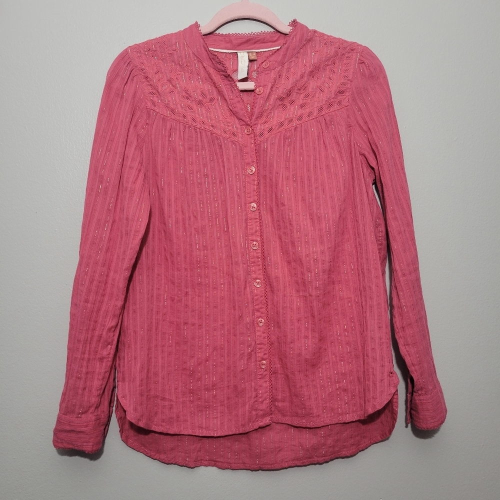 🍒Anthropologie Pilcro Pink Metallic Flower Button Up Top- 6